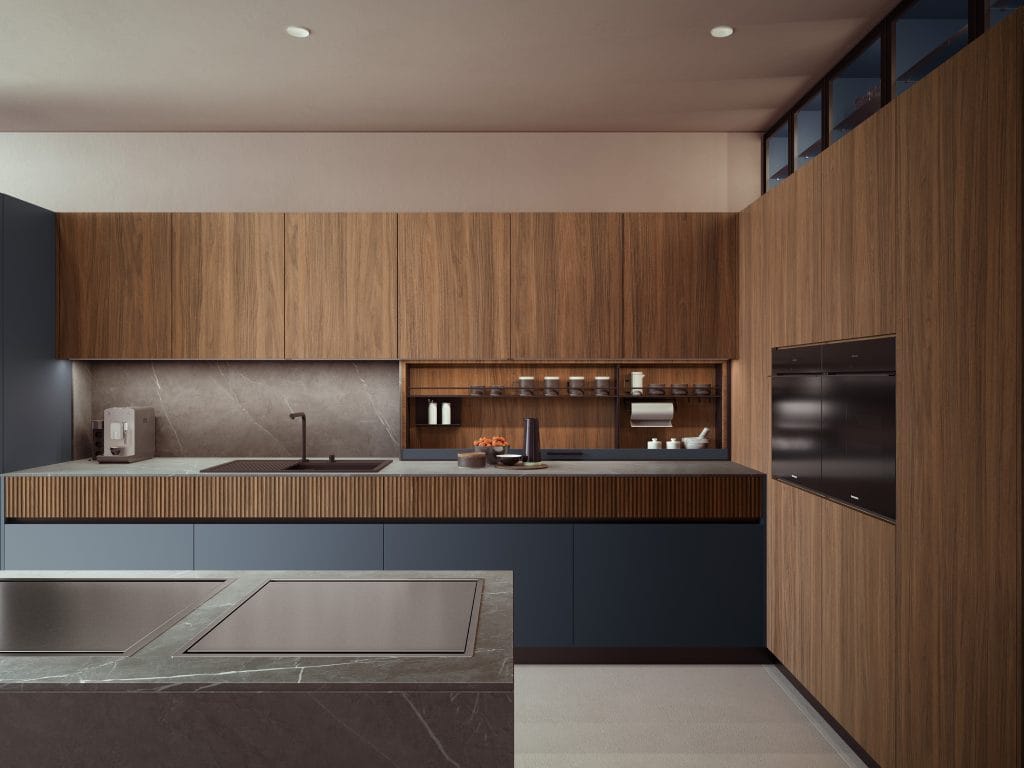 Cuisine Armony Skyline en bois avec colonnes et îlot