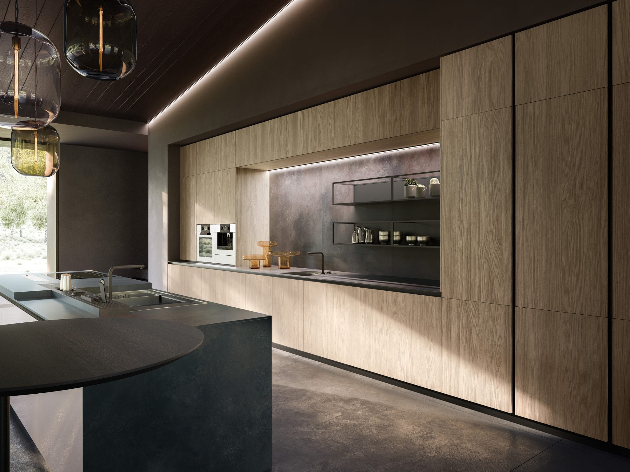Cuisine Armony Skyline en bois sombre avec îlot courbe