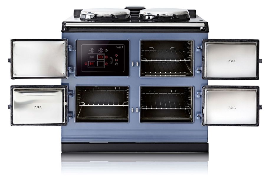 Cuisinière AGA Signature 100 émail bleu, quatre portes ouvertes