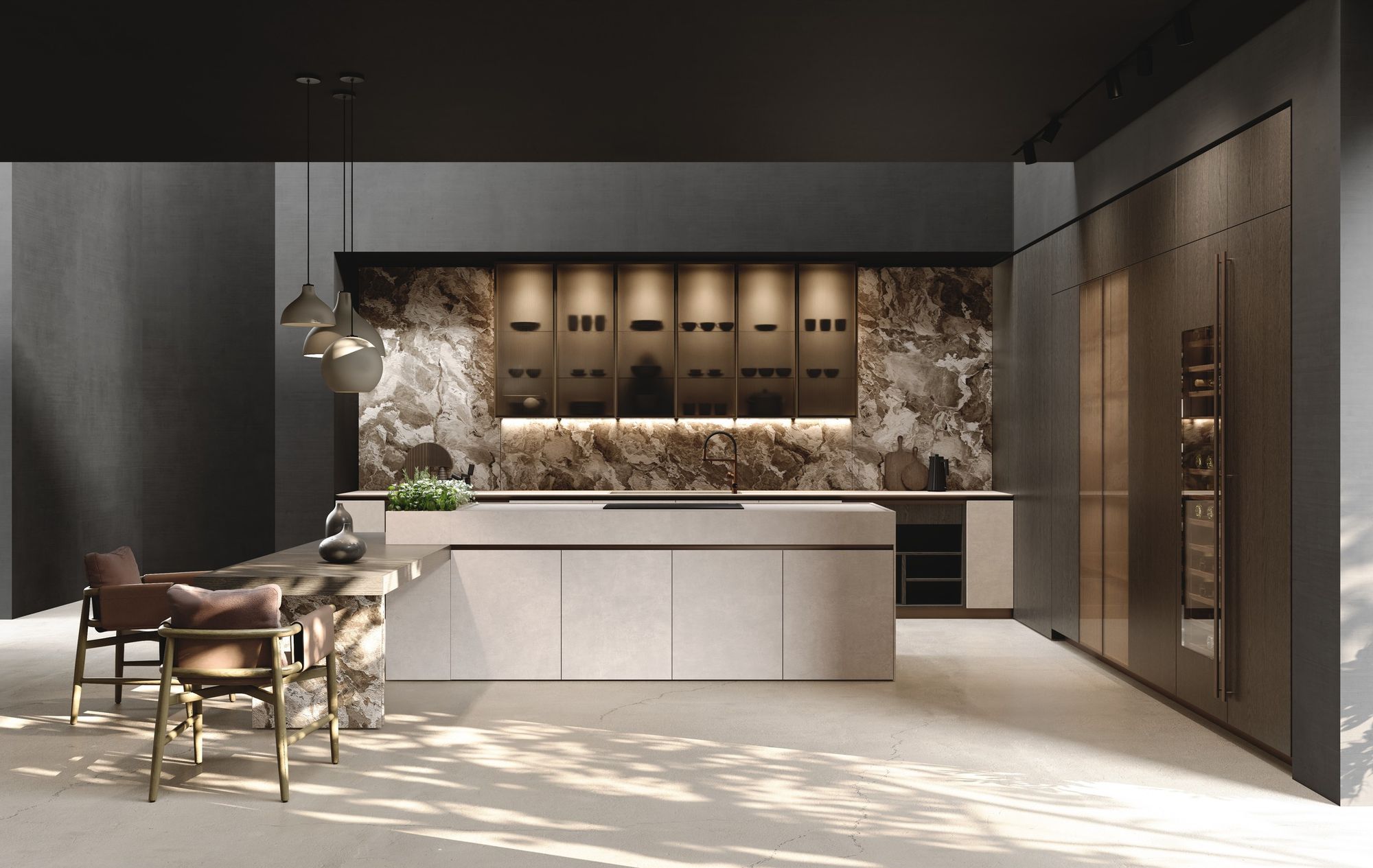 Cuisine Binova Balance Superwood avec îlot clair et crédence en marbre, collection 2026