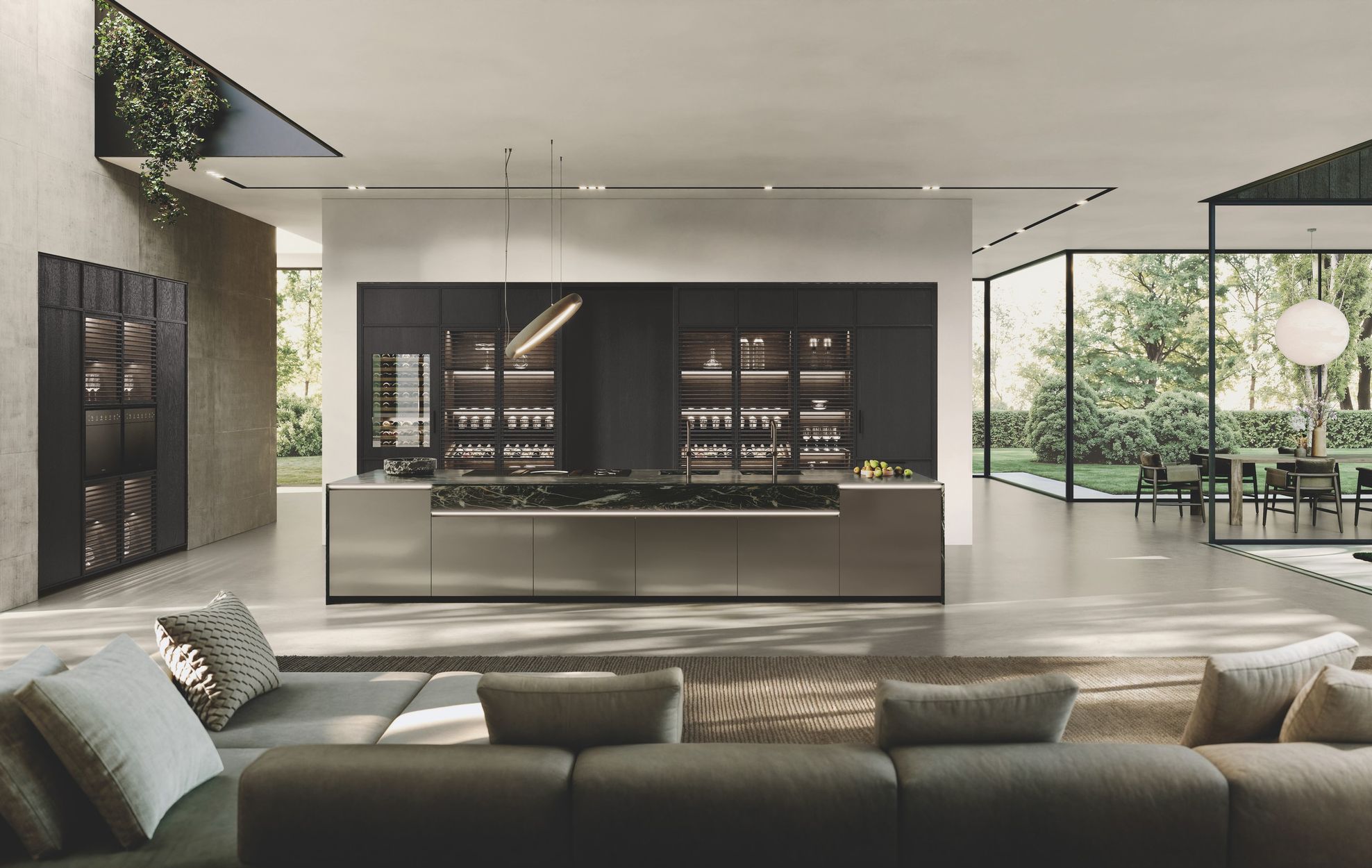 Cuisine Binova Hily Legno ouverte sur le séjour, colonnes à cadre bois, collection 2026