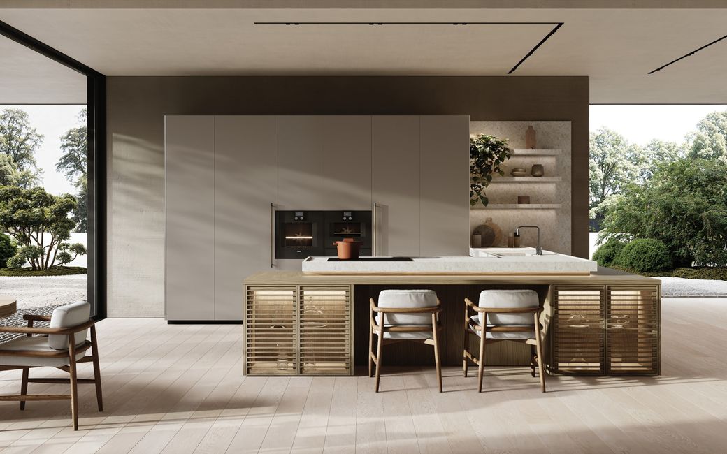 Cuisine Binova Zen avec vitrines à lattes de bois et îlot, collection 2026