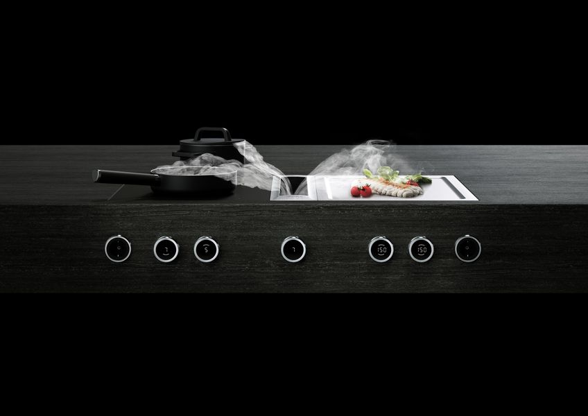 Table BORA Professional 3.0 noire à boutons inox, poêle et fumée aspirée, sur fond noir
