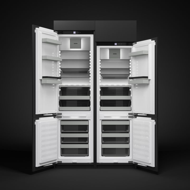 Réfrigérateurs combinés BORA Cool Combi XL portes ouvertes, sur fond noir