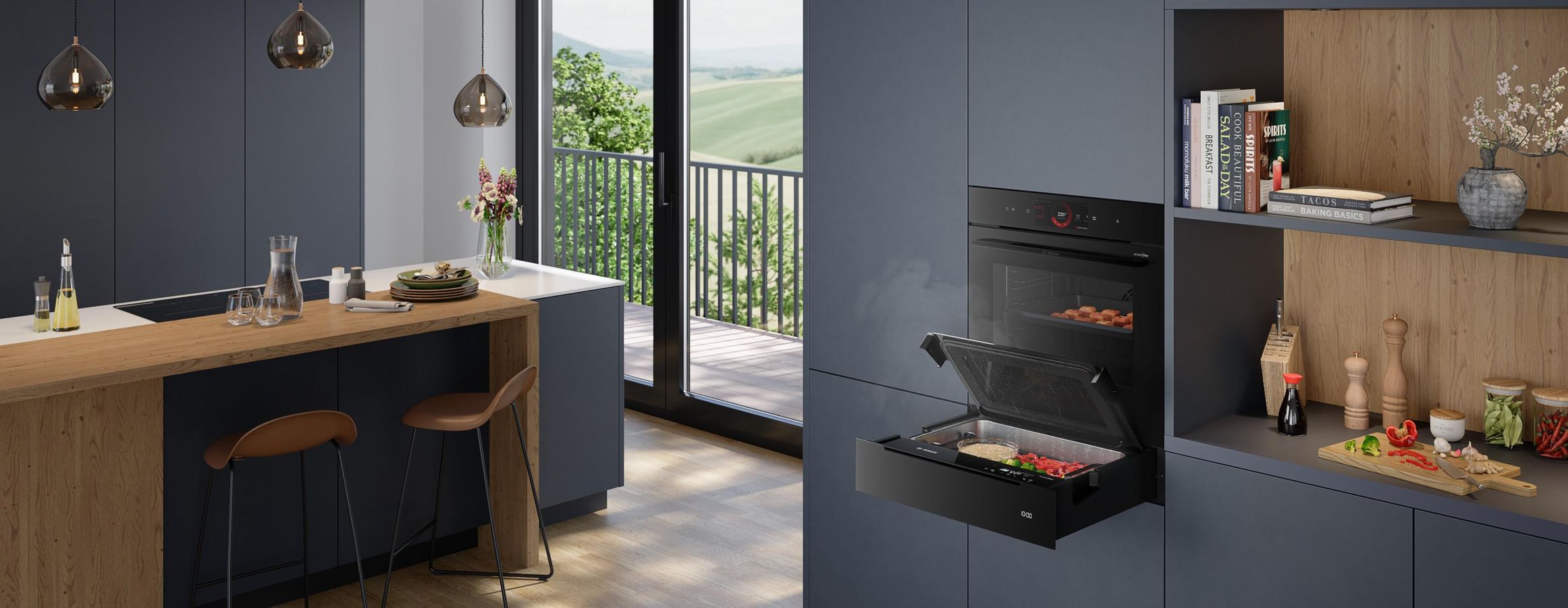 Cuisine bleu nuit et bois avec four Bosch Série 8 et tiroir vapeur ouvert