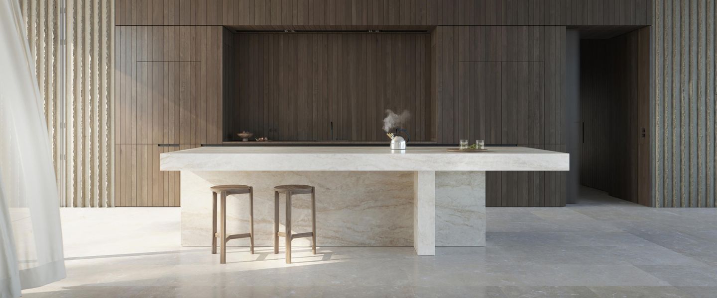 Îlot en Dekton avec Essential Induction Gaggenau, casserole posée sur le plan sans table visible