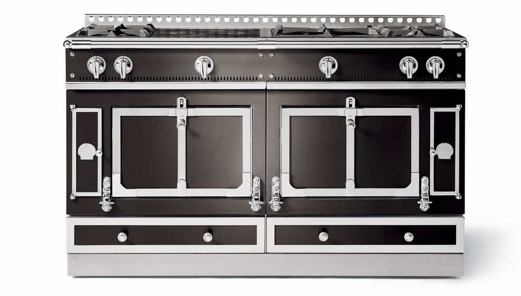 Piano La Cornue Château 150 noir à ornements chromés, deux fours-voûte