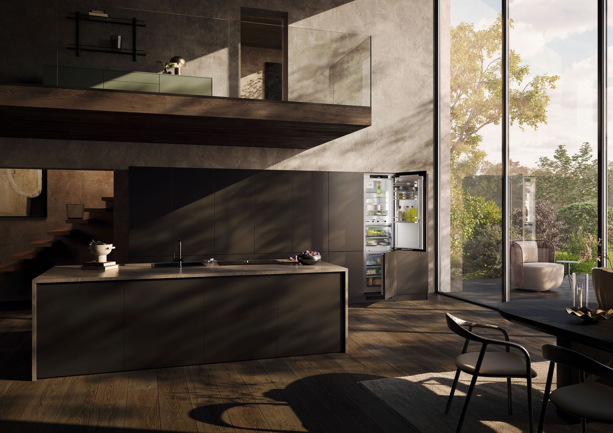 Cuisine contemporaine avec réfrigérateur combiné Liebherr intégré dans une colonne