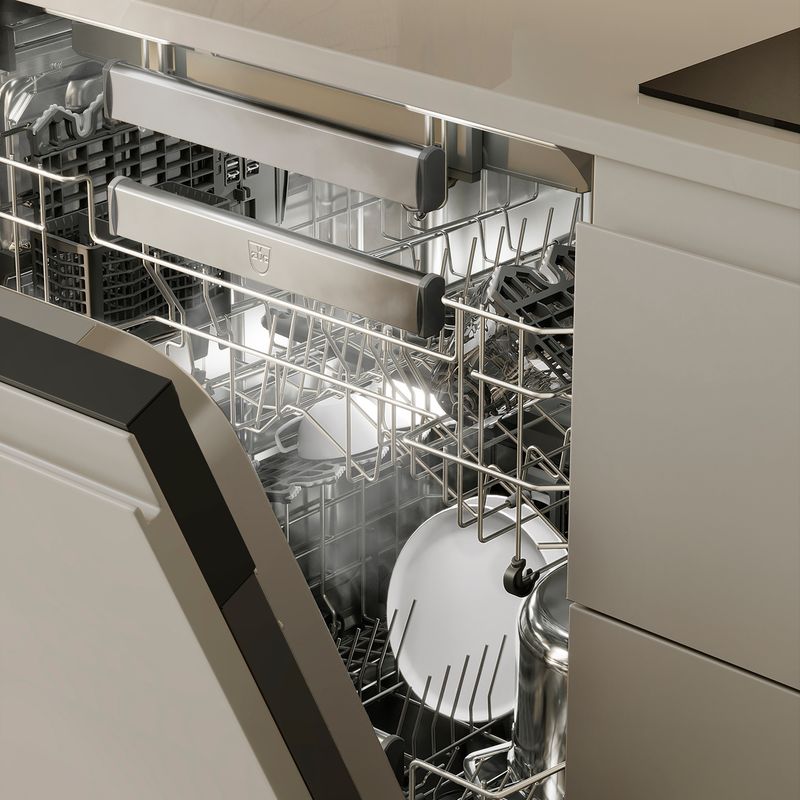 Lave-vaisselle V-ZUG AdoraVaisselle ouvert, paniers chargés de vaisselle blanche