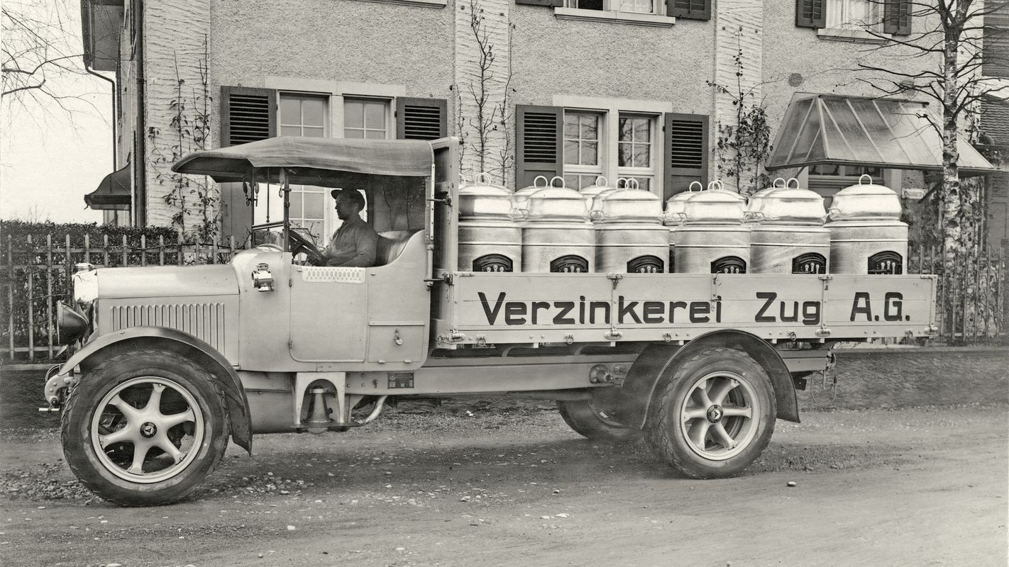 Camion de livraison de la Verzinkerei Zug en 1928, photographie d’archive